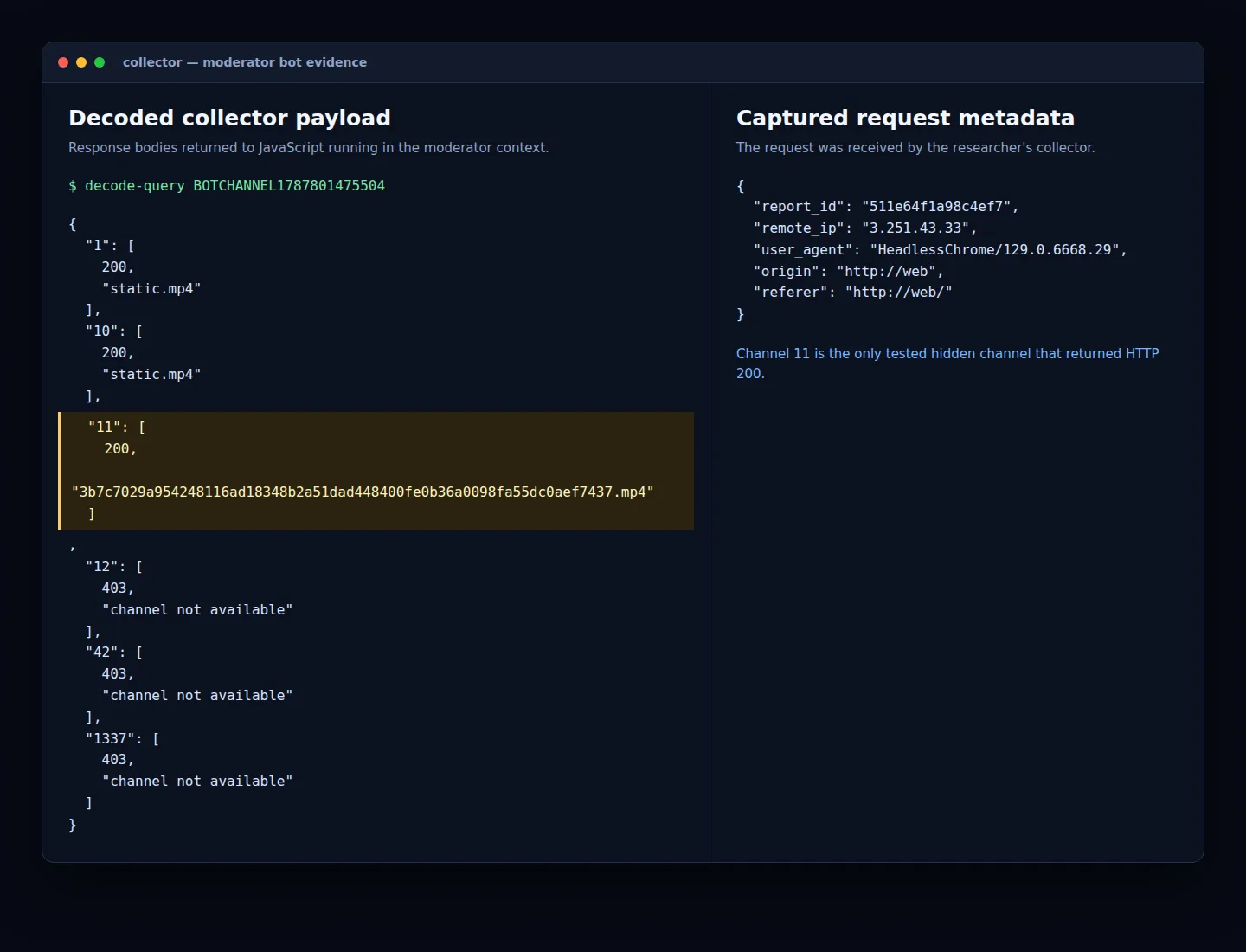 Decoded collector output showing that channel 11 returns a secret MP4 filename in the moderator context